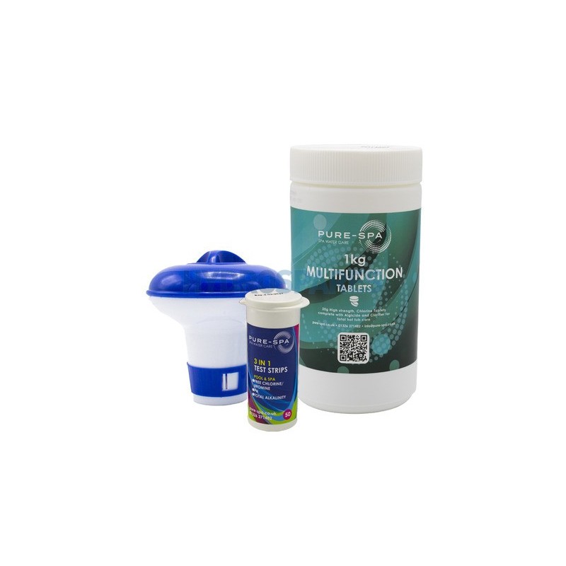 Starter Kit - 1Kg - Multifunction Chlorine Tablets Only Inc Dispenser & Test Strips